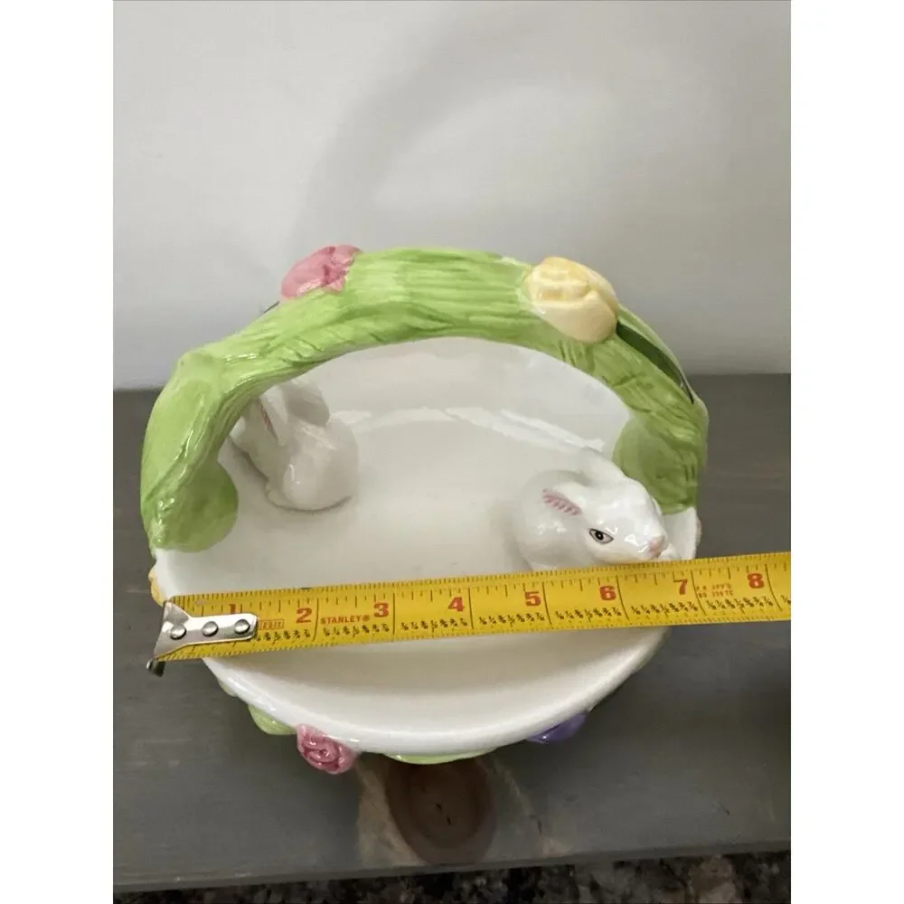 Ceramic Easter Basket Candy Dish 3D Bunnies Aspen Promotion
